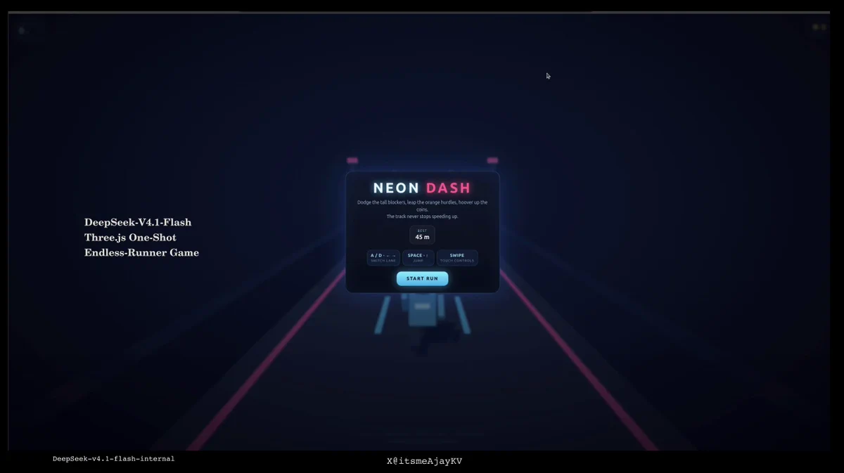 FHILY's Neon Dash — a Three.js one-shot endless-runner game built with DeepSeek-V4.1-Flash