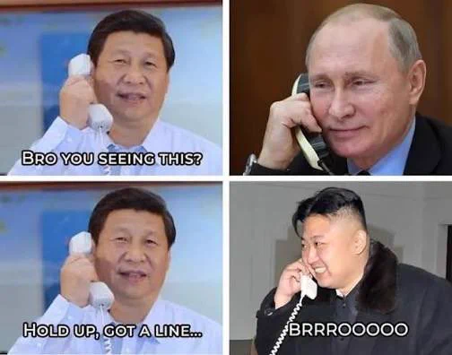 The "NPU goes brrr" meme — Xi Jinping, Putin and Kim Jong-un on the phone, riffing on Graylin's "Buttery smooth 30+ t/s (NPU goes brrr)" line